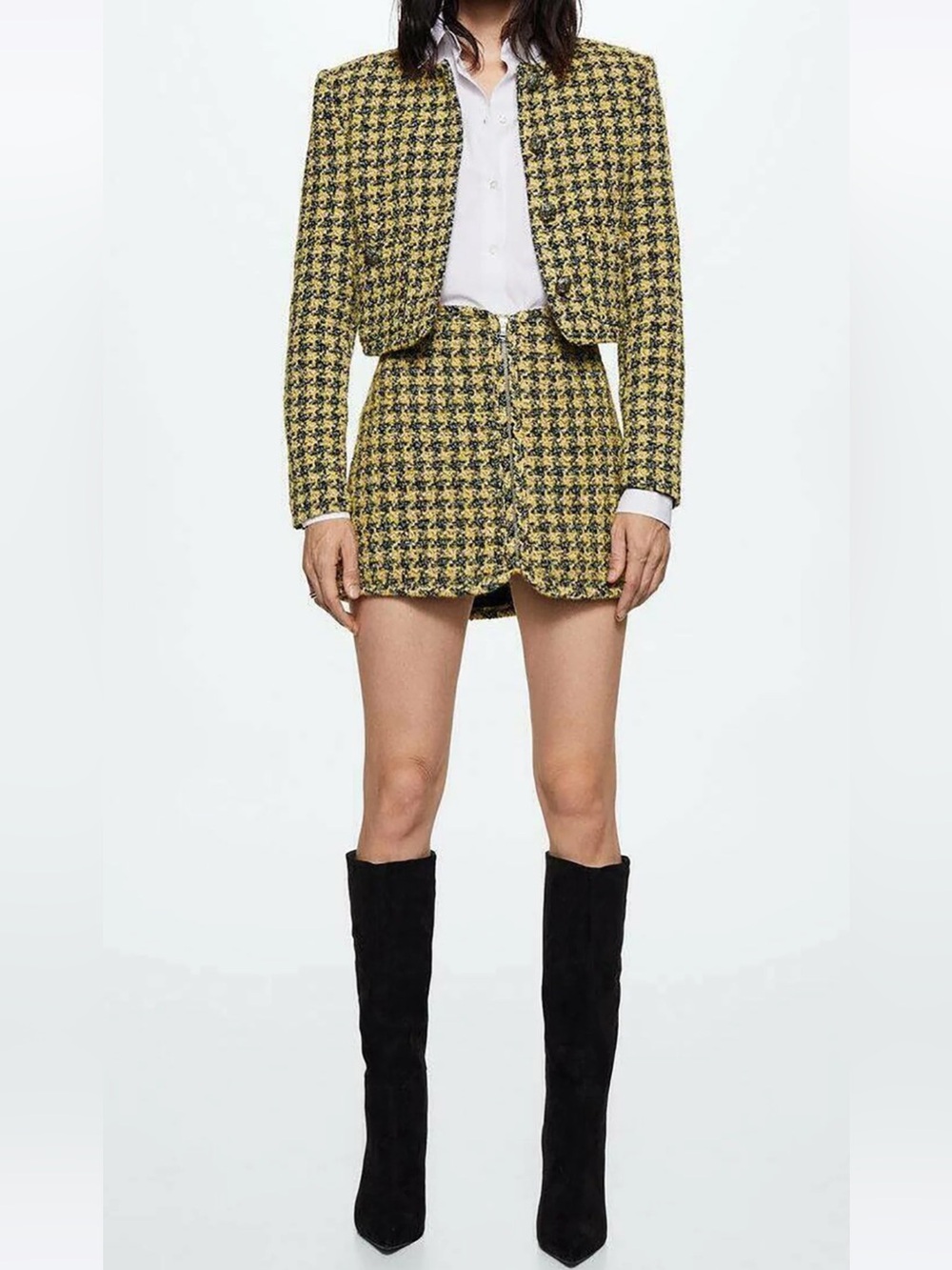 Mango NWT Tweed Houndstooth Jacket Skirt Set Yellow Black XXL
